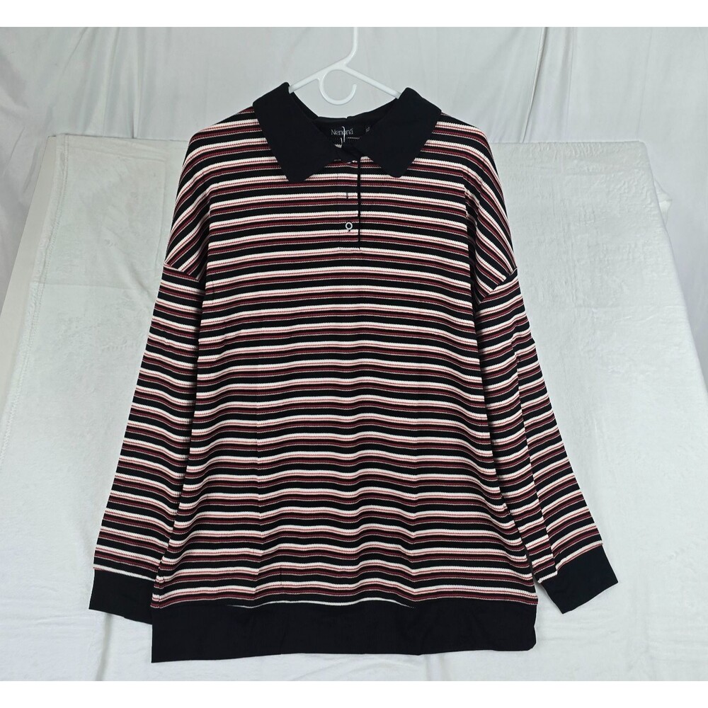 Nenona Long-Sleeve Polo Rugby Shirt Women’s XL Black Red White Striped Pullover